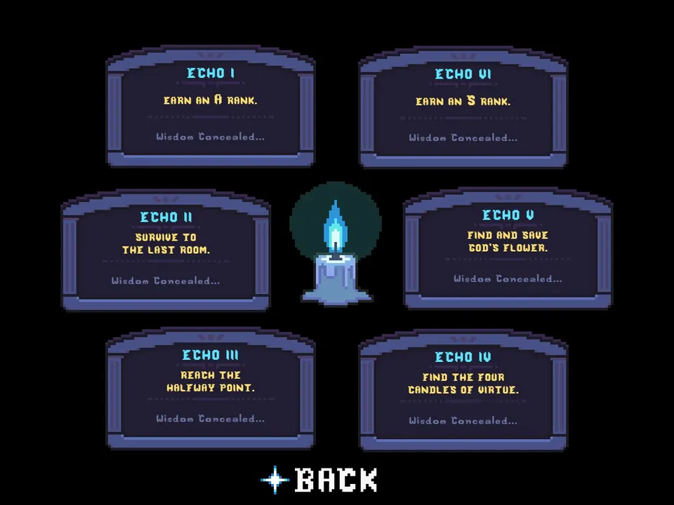 The Insight Stones menu with a blue candle and six concealed ECHO messages