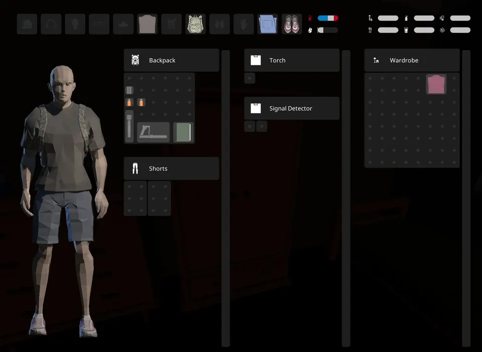 The Anymaker inventory screen: backpack and shorts on the left, torch and signal detector in the middle, and an open wardrobe holding a shirt on the right