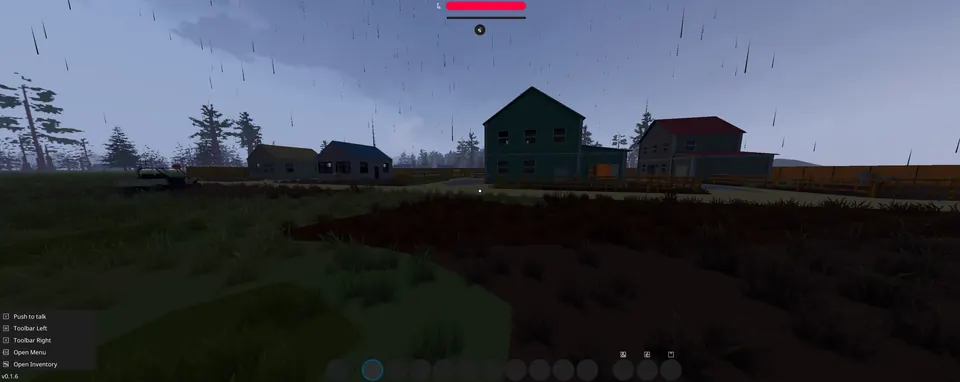 Four houses around the spawn point in the rain, the safe first stop for loot