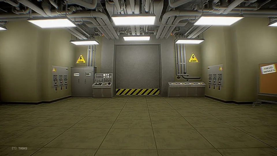 The Backrooms: Code Yellow safe room, facing the closed Gateway with a switch panel on each side wall