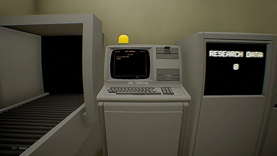 The Terminal with its USE TERMINAL screen, between a conveyor hatch and a Research Data counter reading 0