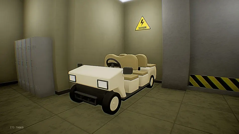 The cream Warehouse Utility Vehicle parked in the safe room next to a row of lockers