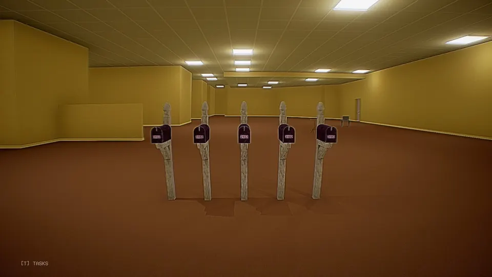 A row of five mailboxes on wooden posts in a yellow room with red carpet
