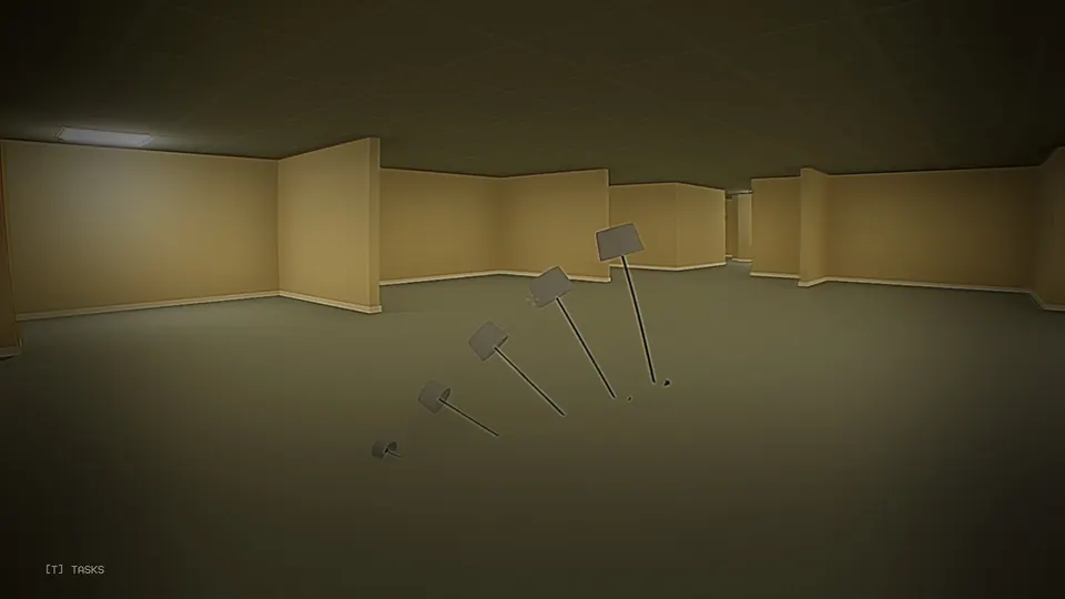 Furniture no-clipping: five floor lamps in a row, each sunk a little deeper into the carpet