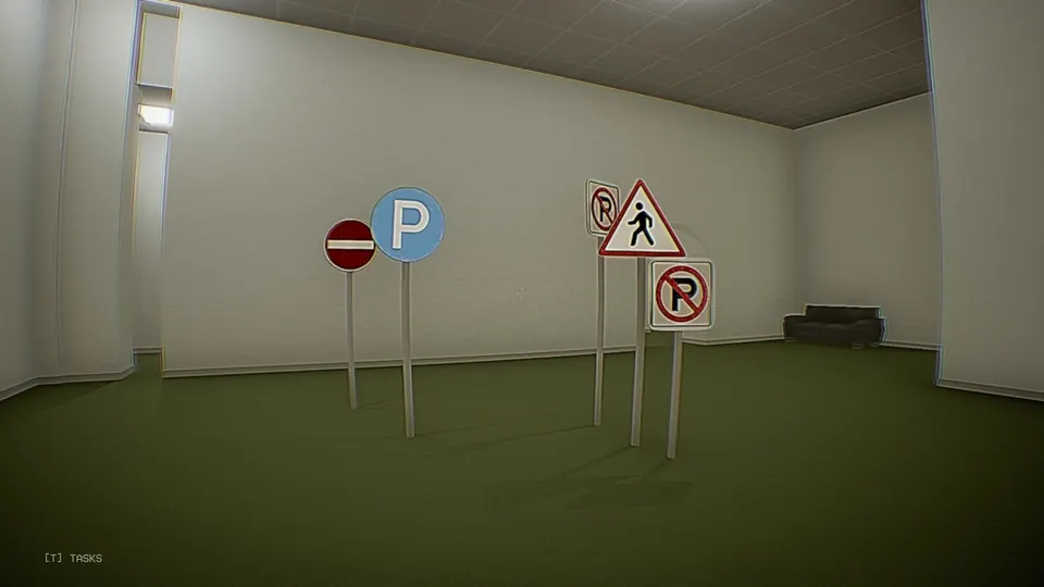 A cluster of traffic signs, including parking and pedestrian signs, in a white room