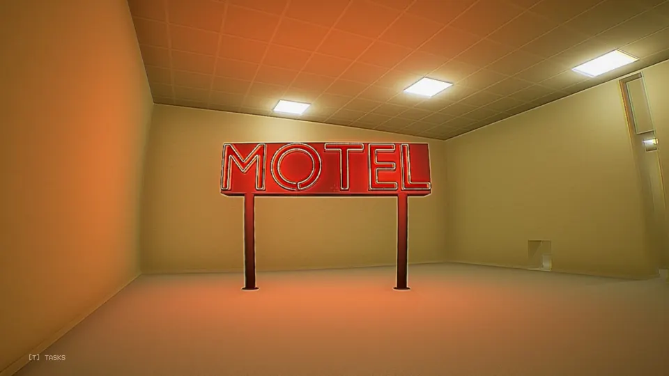 A red MOTEL neon sign on two posts, lighting a yellow room orange