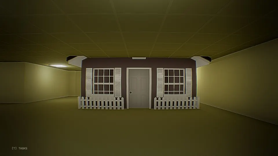 The front of a small brown house with a white picket fence, built into a corridor