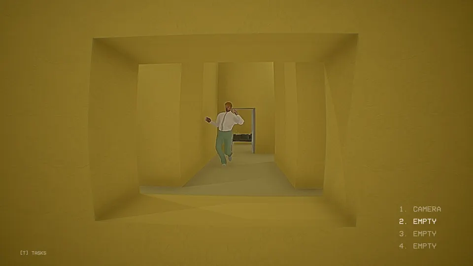 The abnormally tall being, a man in a white shirt and green trousers, coming down a yellow corridor