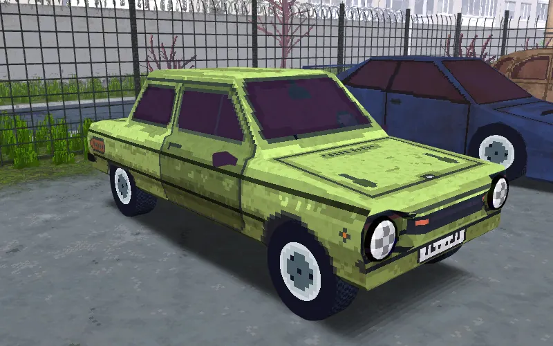 A lime green ZAM Zap saloon with white wheels, parked in a fenced lot