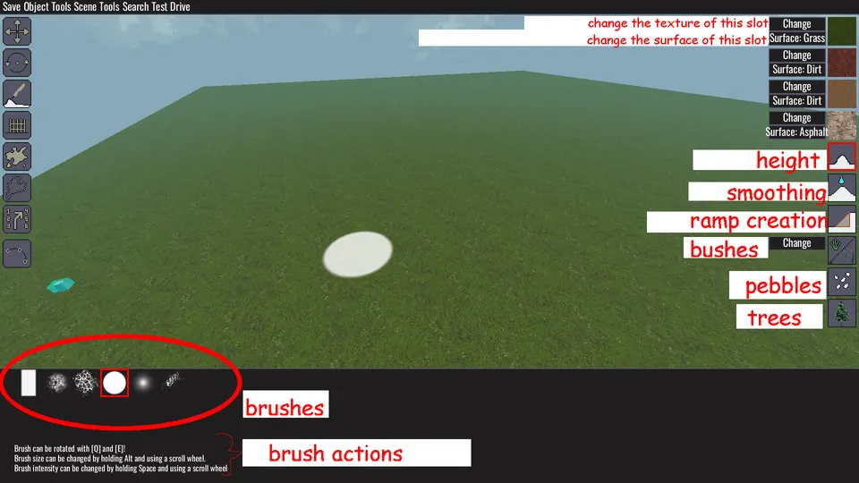 The landscape brush toolbar with its terrain controls labeled