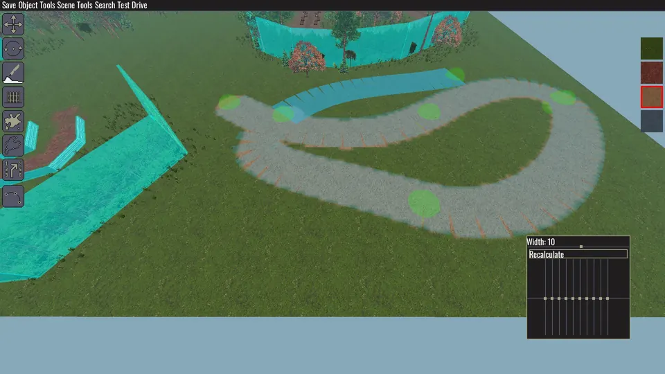 A curved road preview with the Road tool settings open