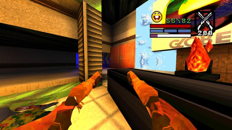 The corner by the GLOBE sign in the Doom-style room of Caldeirao do Ruke, where a door texture hides the secret