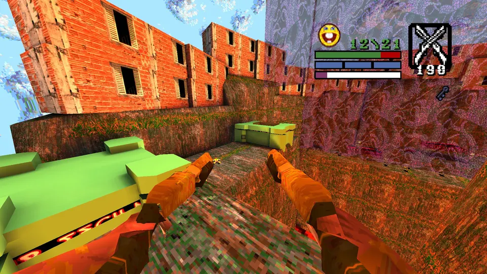 The green Mario-style pipes in Cristo Gavea, sitting in a grassy trench between brick buildings