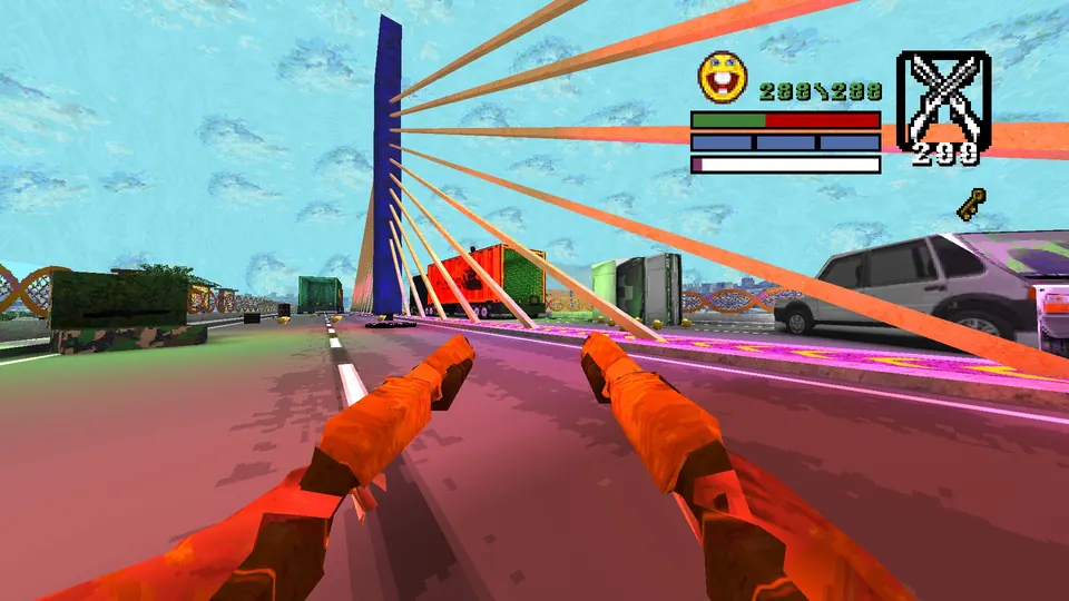 The suspension bridge in Guarulhos after the teleport, with the semi-trucks and cars ahead