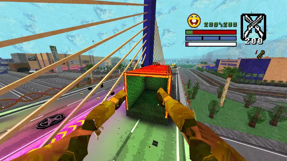 Looking down at the top of the first semi-truck on the Guarulhos bridge, where the Red Armor sits