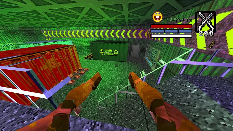 The underground section of TRIOELETRICO with the shipping containers, including the green one near the vault door