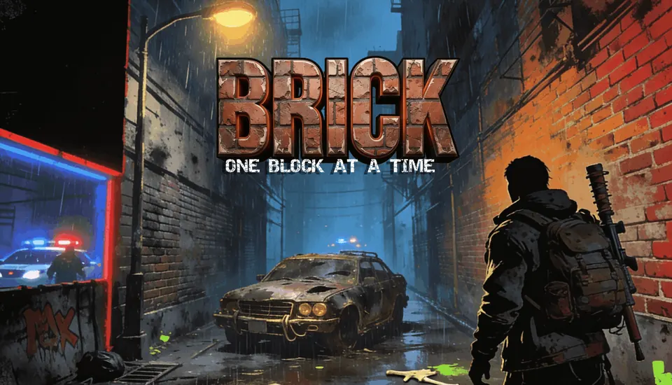 The game's title art: a rain-soaked back alley at night, a wrecked car under a streetlight, police lights at the far end and a survivor with a rifle on his back.
