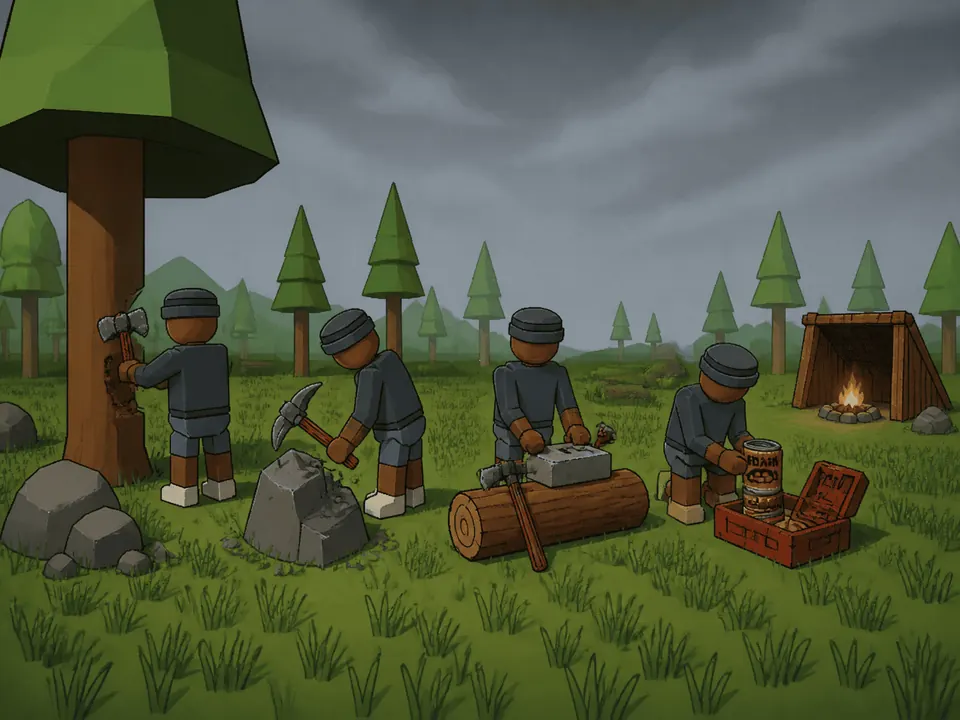 Four figures working a forest clearing: one chopping a tree with a hatchet, one breaking a rock with a pickaxe, one crafting on a fallen log and one opening a red crate of tinned food beside a campfire shelter.