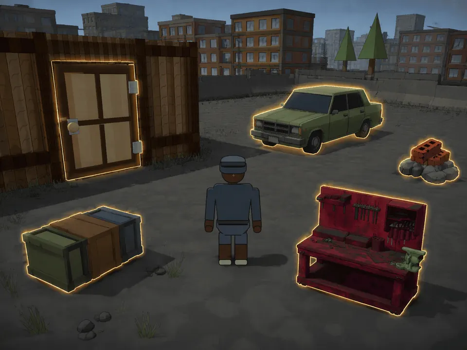 A player in a fenced yard with every usable object outlined in yellow: a wooden door, a parked sedan, three crates in a row, a red workbench and a pile of bricks.