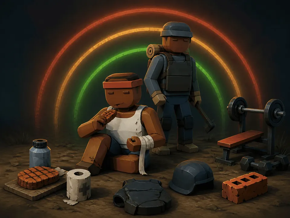 A survivor sits eating while bandaging one arm under a coloured health arc, an armoured figure standing behind, with a helmet, a vest, a medical roll and a weight bench laid out around them.
