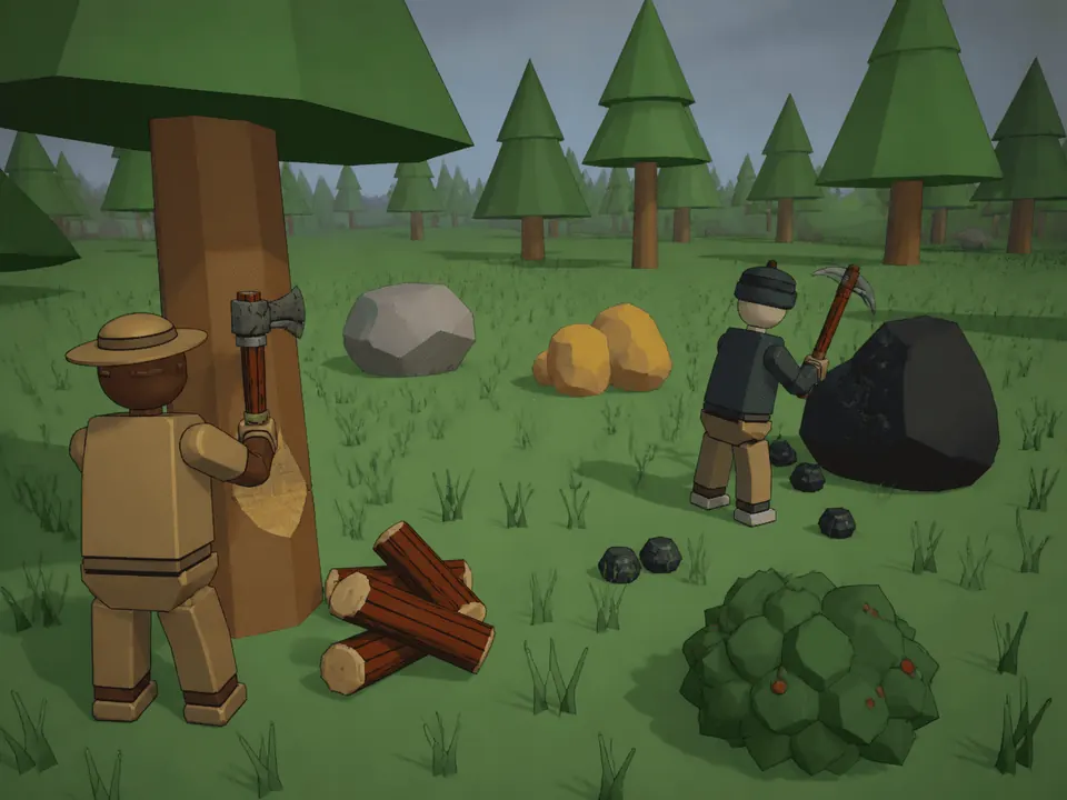 One survivor fells a tree with a hatchet while another swings a pickaxe at a coal seam, with stone and sulfur nodes and a berry bush scattered across the clearing.