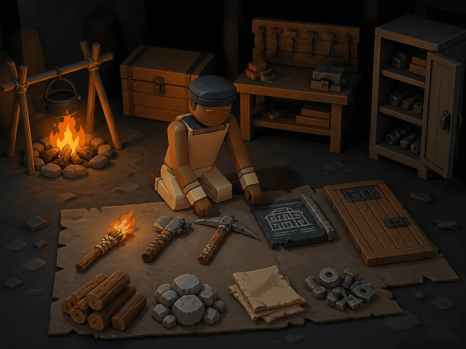 A crafting layout on the ground: a lit torch, a hatchet, a pickaxe, a blueprint slate and a wooden door, with logs, stone, cloth and metal parts as materials and a campfire burning nearby.