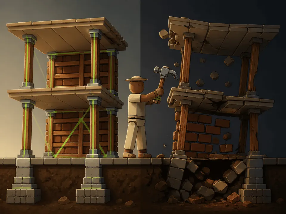 Two buildings compared side by side: the left one intact with green support lines running down its pillars, the right one breaking apart, with a survivor holding a hammer between them.