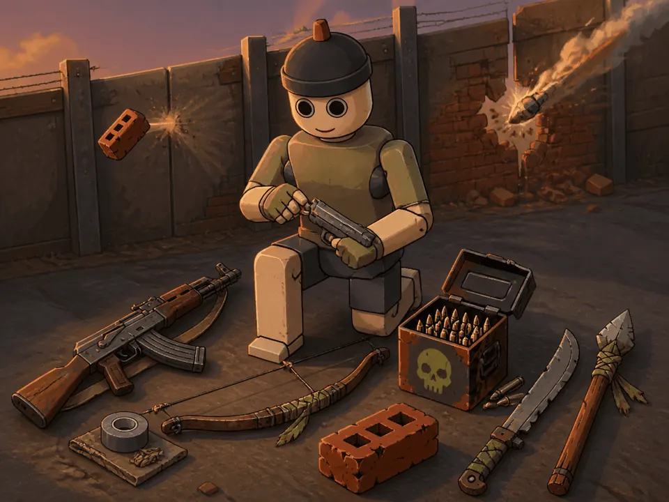 A survivor kneels to reload a pistol, surrounded by a rifle, a bow, a machete and an open ammunition crate, with a brick in flight and a rocket striking the wall behind.