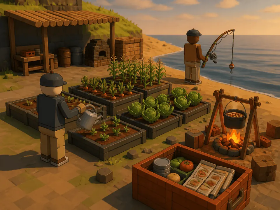 A coastal base with raised beds of carrots, cabbages and corn, one survivor watering them, another casting a fishing rod from the beach, and a pot cooking over a fire beside a crate of prepared food.
