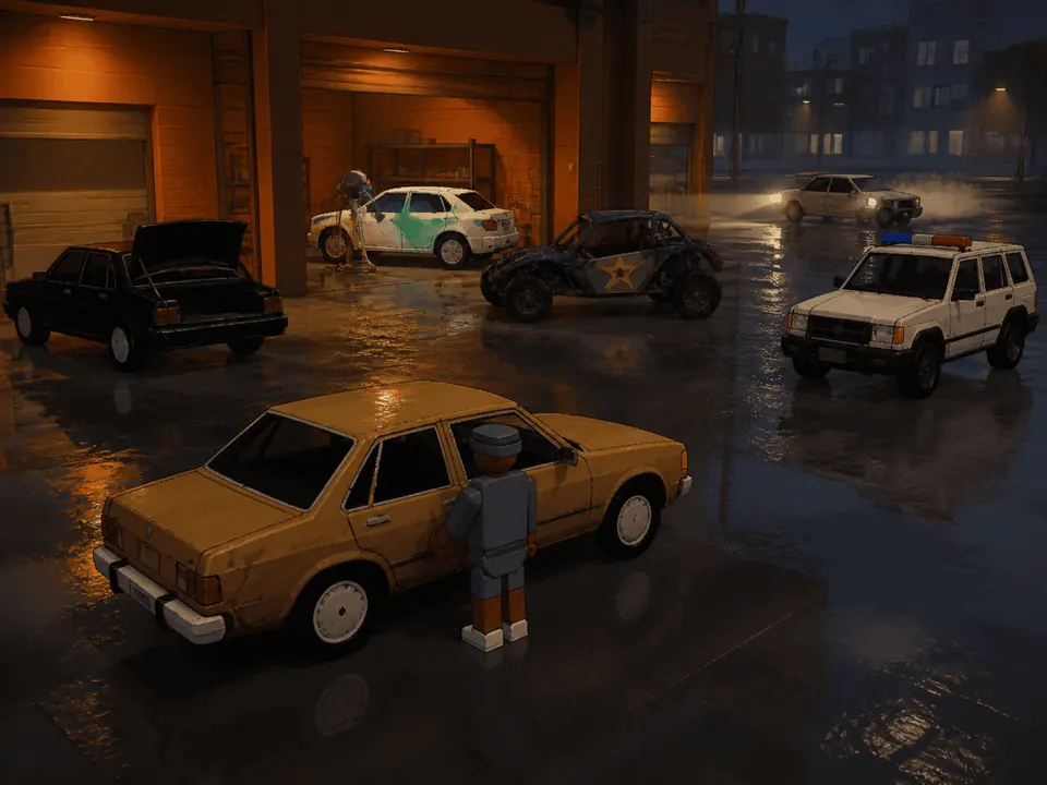 A wet garage forecourt at night with several cars parked around it, including a buggy and a police SUV, and a player standing at the door of a yellow sedan.