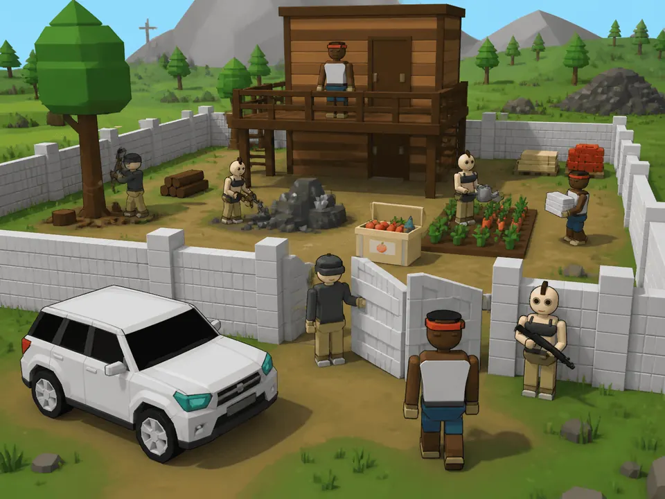 A walled camp with recruits at work: one mining a rock, one chopping wood, one watering a carrot plot and one carrying bricks, with an armed guard at the gate and a vehicle parked outside.