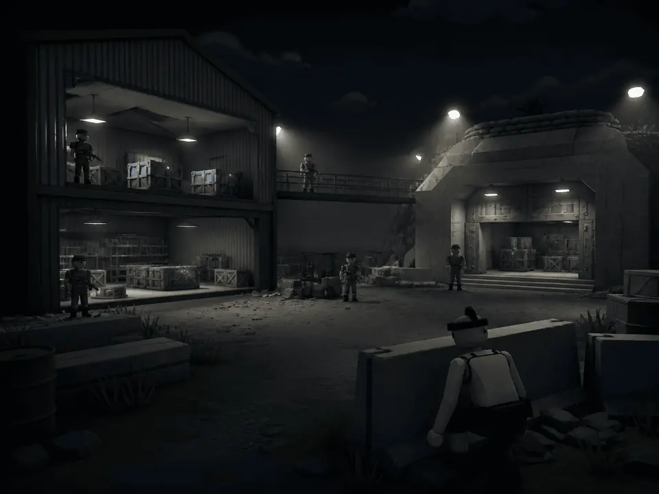 The Warehouse and the Bunker at night, both stacked with crates and patrolled by armed Commandos, seen from behind a concrete barrier.