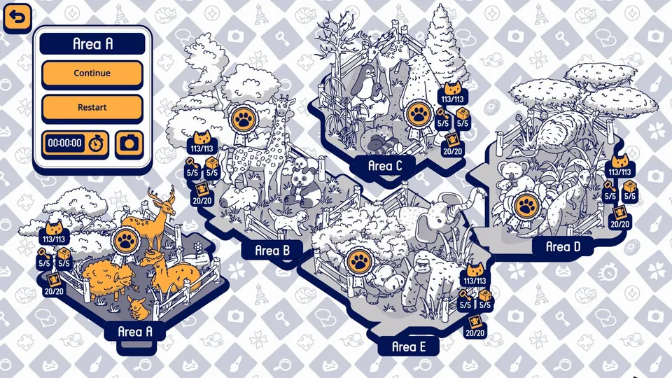 Cats and Seek: Zoo level select showing Areas A through E and each area's completion counters