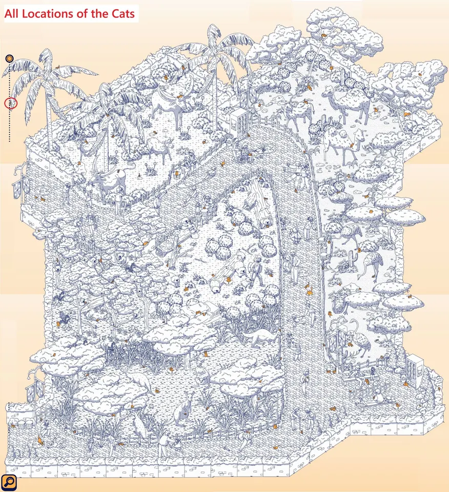 Area D overview marking hidden cat locations and boxes that contain hidden cats