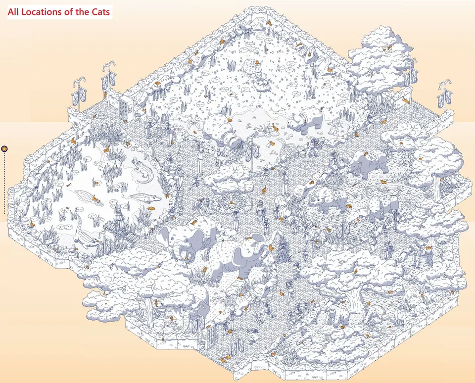 Area E overview marking hidden cat locations and boxes that contain hidden cats