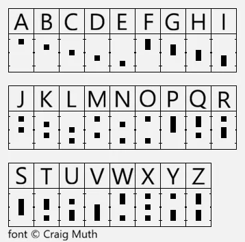 Dotsies alphabet reference showing each letter as a five-pixel vertical pattern