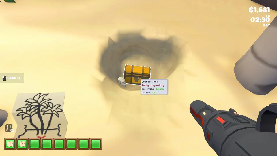 A Locked Chest uncovered in the sand at the Mystery Beach Treasure spot