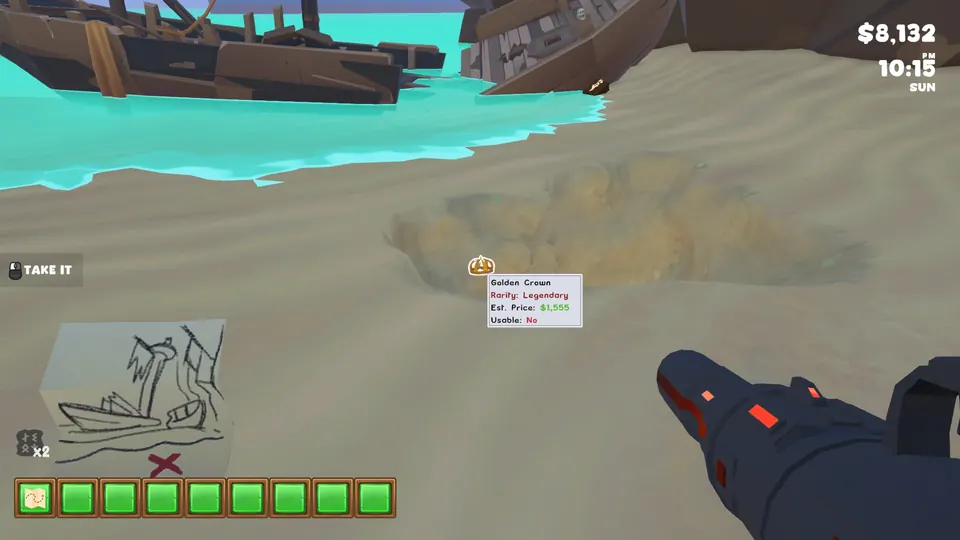 A Golden Crown in a dug pit on the sand in front of the wrecked ship, with the Shipwreck Coast Chart in hand