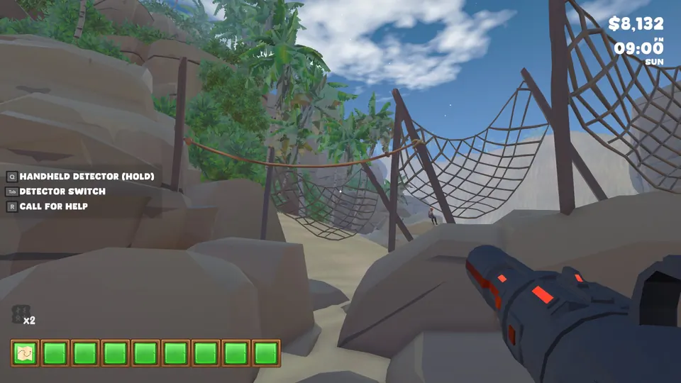 Close view of the big net beside a vine-covered rock face, where the jetpack can carry you over
