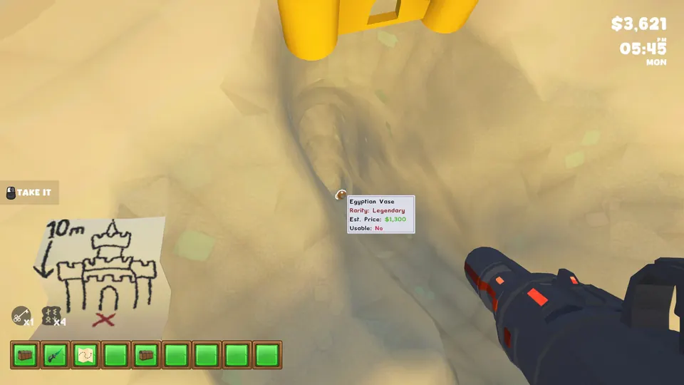 An Egyptian Vase at the bottom of a deep shaft dug right in front of the yellow sand castle, with the map's 10m sketch in hand