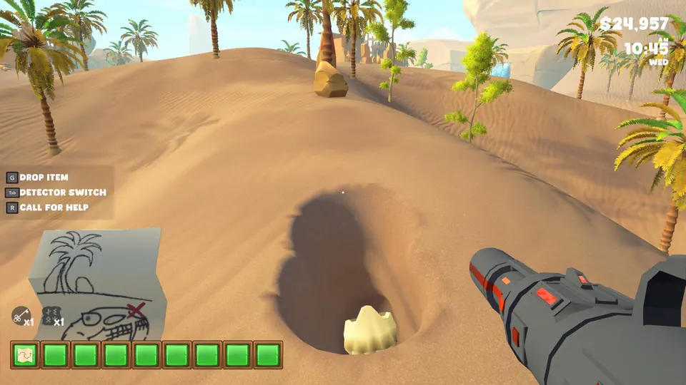 A dig hole on a desert dune with the top of a buried skull showing, matching the palm and skull sketch on the Crimson Sands Map