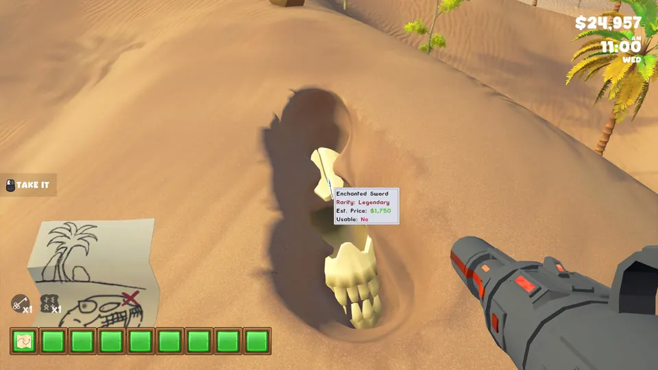 The Enchanted Sword uncovered next to the skull in the Crimson Sands dig hole