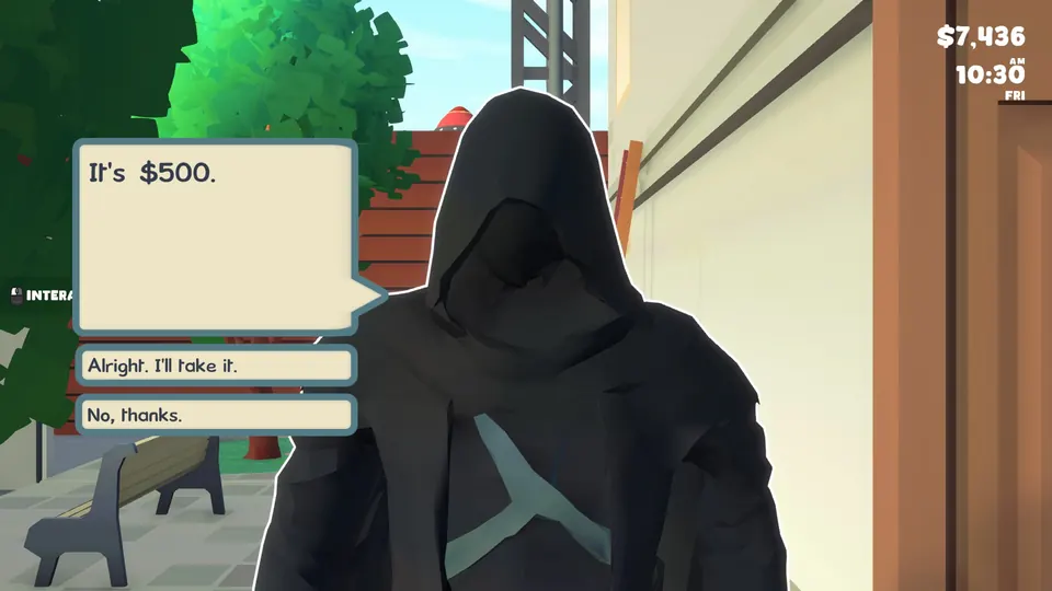 The hooded seller in black outside the shop, offering the map for $500