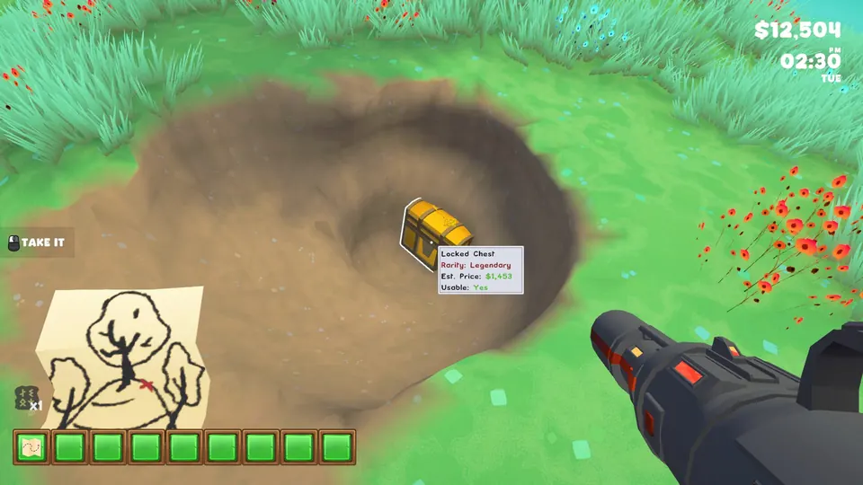 A Locked Chest at the bottom of a wide dig hole beside the giant tree