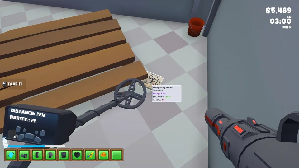 The Whispering Woods Treasure map on a wooden bench inside the right-hand moon building