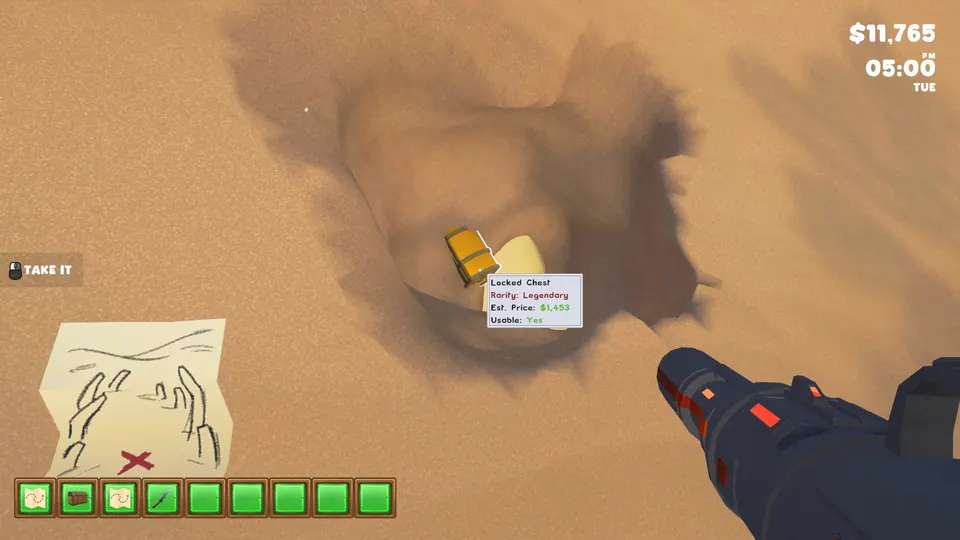 A Locked Chest uncovered in the sand between the rib bones