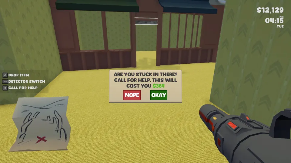 The Call For Help prompt in the backrooms asking whether to pay to be pulled out