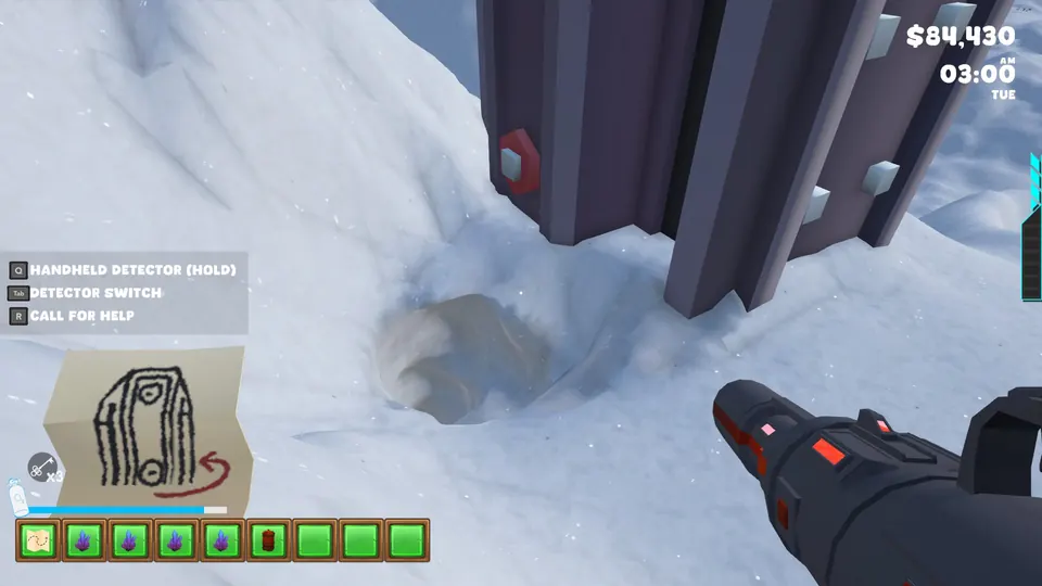 The dig hole at the base of the tall building on the moon