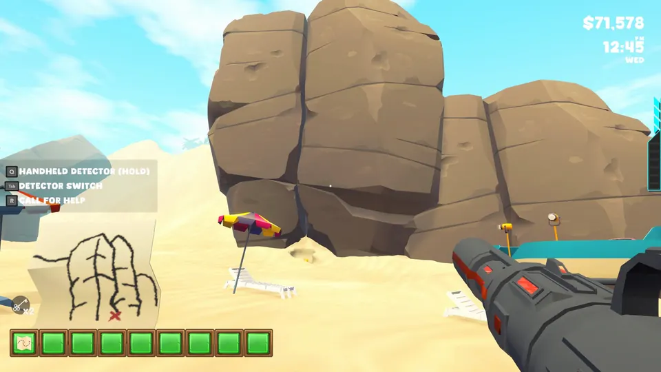 Two giant rock formations on the beach with a beach umbrella in front, the gap where The Sea Kings' Lost Treasure is buried