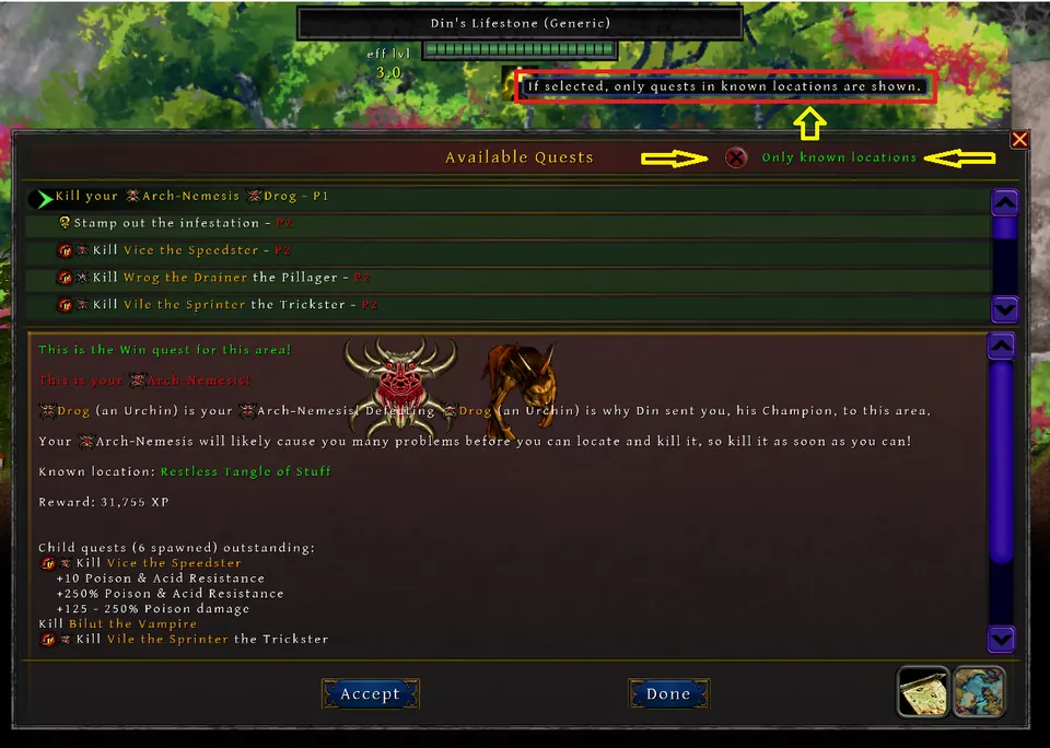 The Available Quests list at a Lifestone, with the Only known locations toggle at the top of the panel
